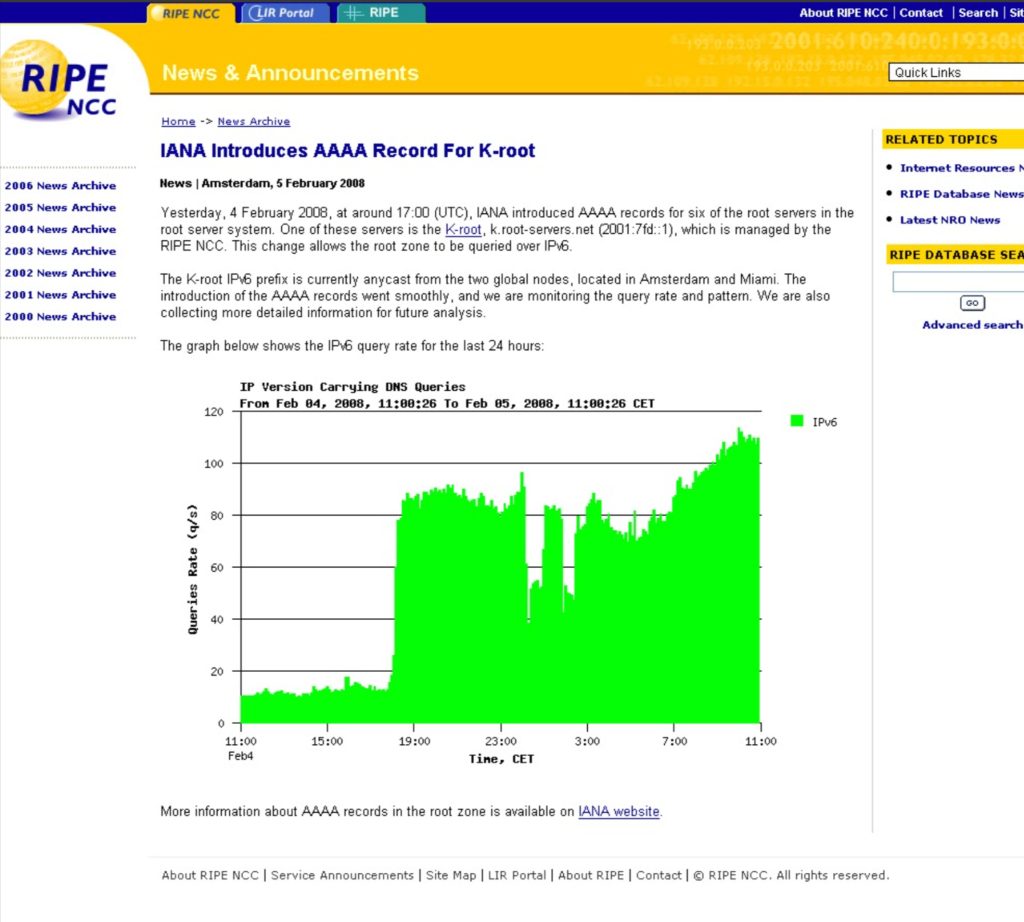 ↓RIPE snapshot by Alaska Report during the big swap from IPv4 to IPv6 on Feb. 4, 2008↓